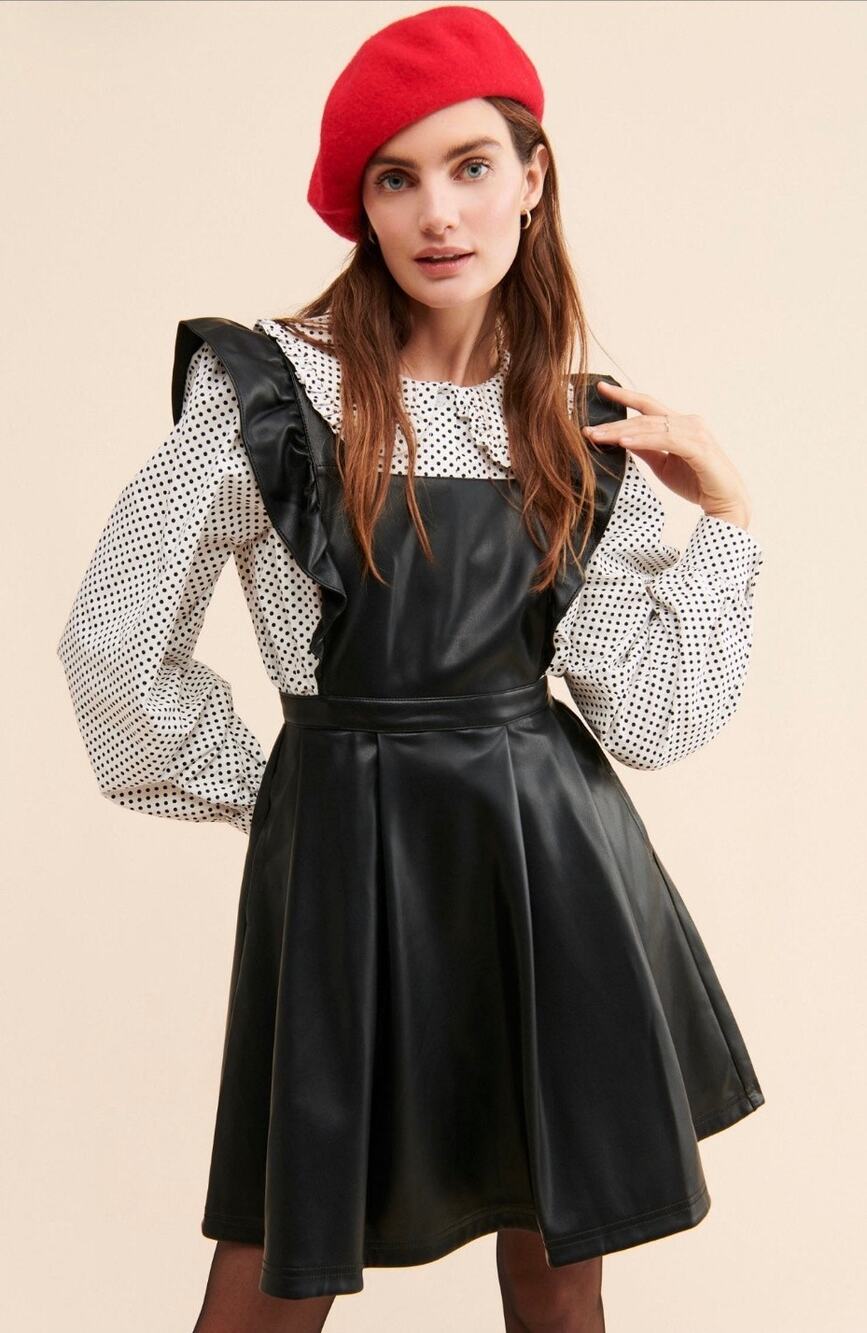 Anthropologie Maeve Ruffled Black Vegan Leather Mini Dress size 2
